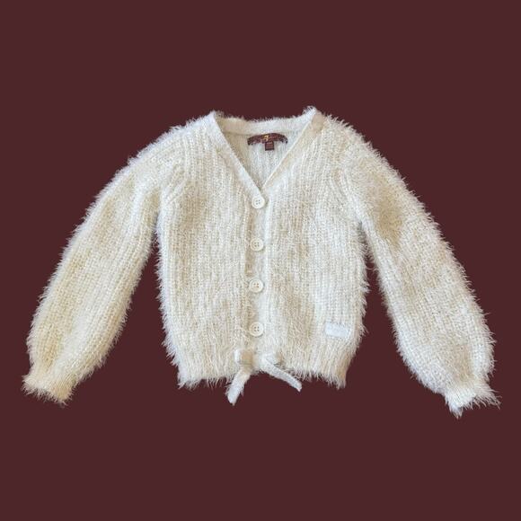 7 for All Mankind Fuzzy Teddy Sweater Faux Button Front Bow Long Sleeve 18 M - Picture 1 of 12